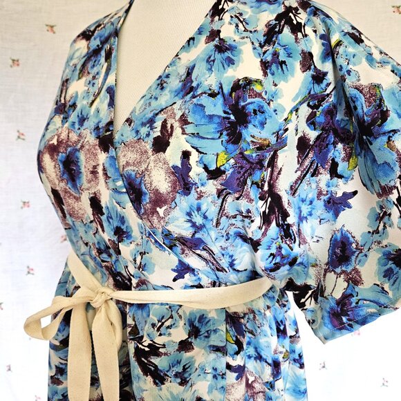 Sz L to XL Kimono Sleeve Wrap Dress Blue Floral NEW - Picture 7 of 12